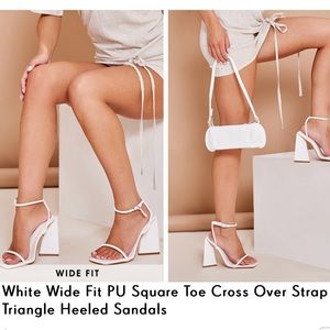 White Wide Fit PU Square Toe Cross Over Strap High Triangle Heeled Sandals